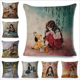 Cute Girl and Pet Dog Fairy Tale Pillow Cases